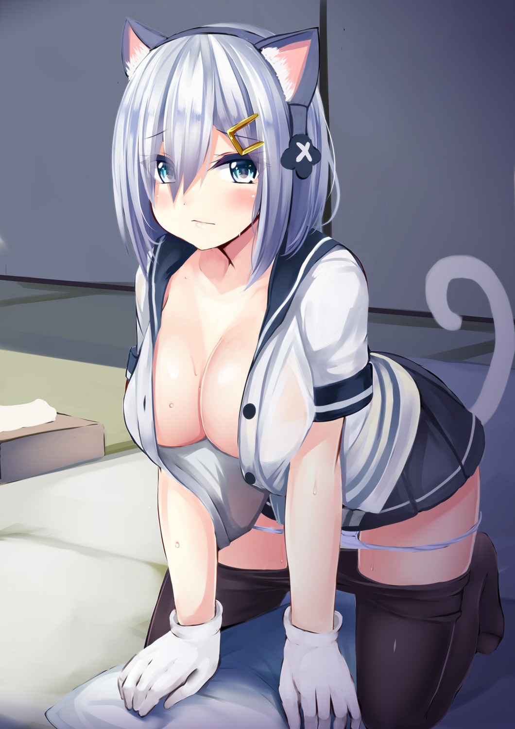 animal_ears hamakaze_(kancolle) irohasu kantai_collection nekomimi no_bra open_shirt pantsu panty_pull pantyhose see_through seifuku tail