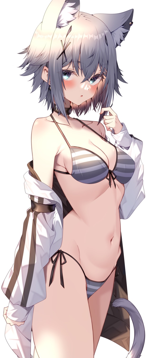 animal_ears bikini jun_(aousa0328) open_shirt swimsuits tail