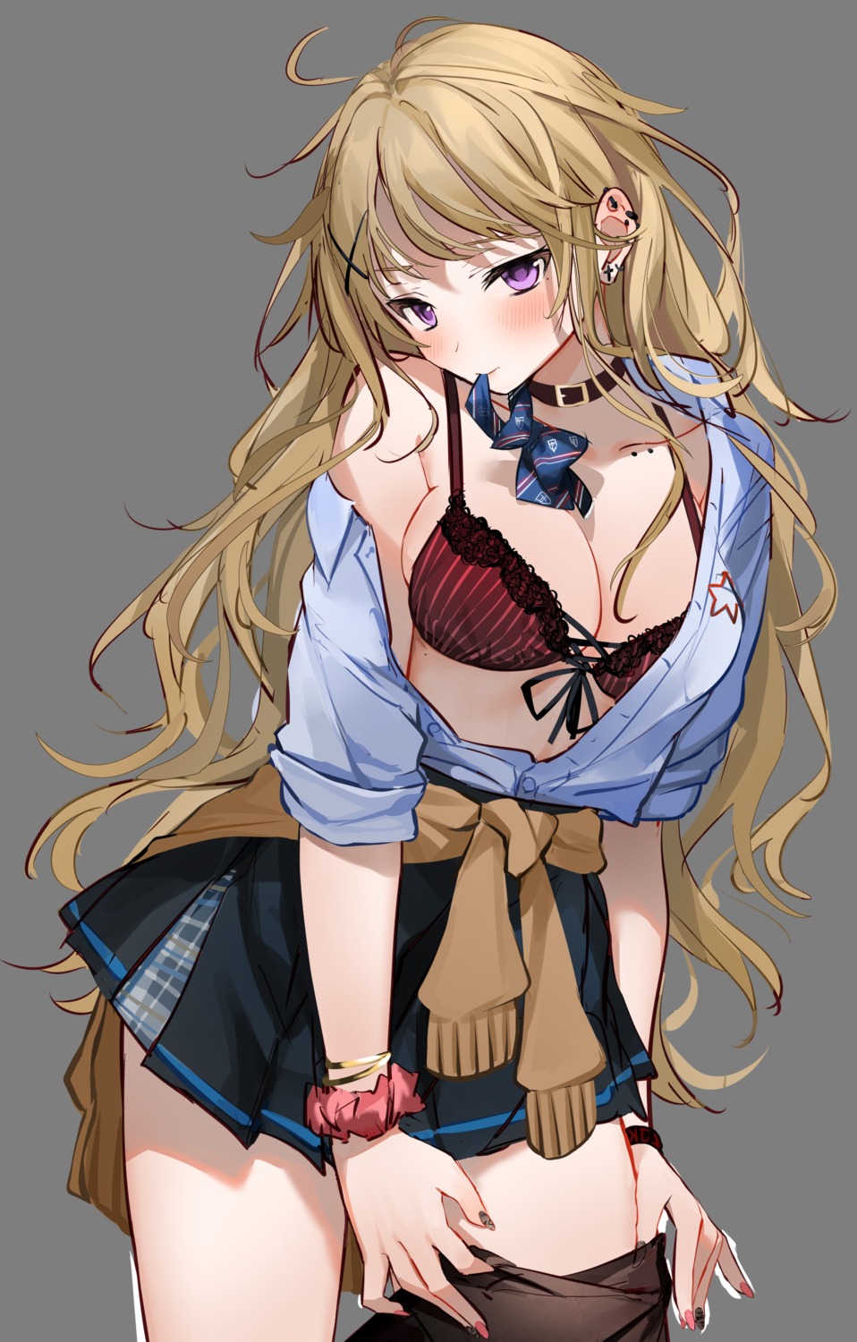 bra cleavage gal-jk_(xretakex) open_shirt pantyhose seifuku sweater transparent_png undressing xretakex