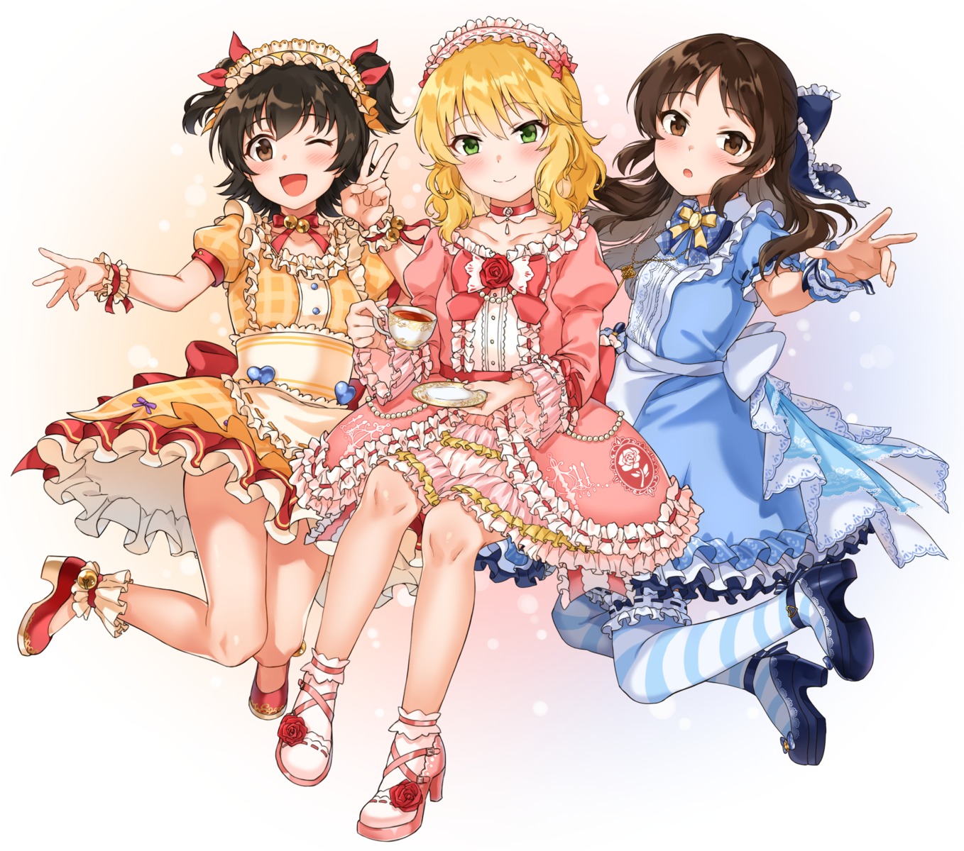 akagi_miria dress garter heels lolita_fashion sakurai_momoka_(idolm@ster) sirurabbit skirt_lift tachibana_arisu the_idolm@ster the_idolm@ster_cinderella_girls the_idolm@ster_cinderella_girls_u149 thighhighs