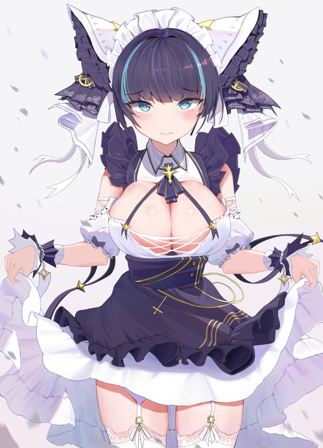 azur_lane cheshire_(azur_lane) cleavage gumifans maid no_bra skirt_lift stockings thighhighs