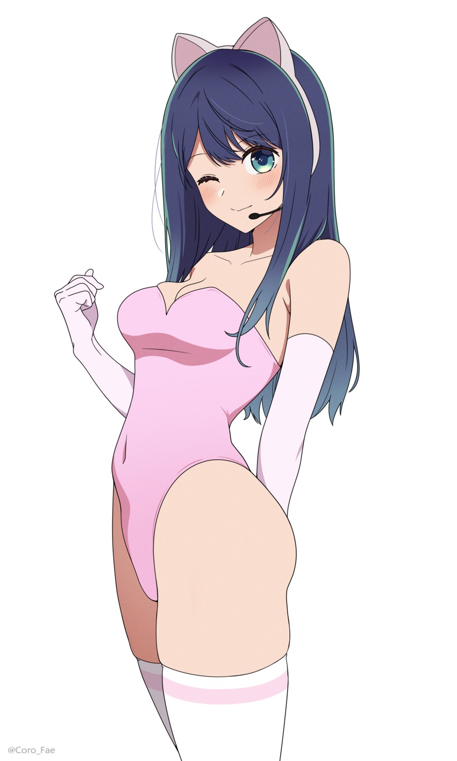 [oshi_no_ko] animal_ears coro_fae kurokawa_akane leotard nekomimi no_bra thighhighs