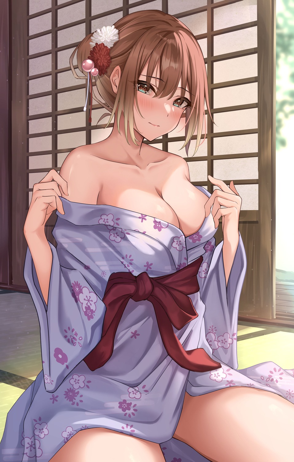 aketa_mikoto no_bra open_shirt the_idolm@ster the_idolm@ster_shiny_colors undressing yukata yuro