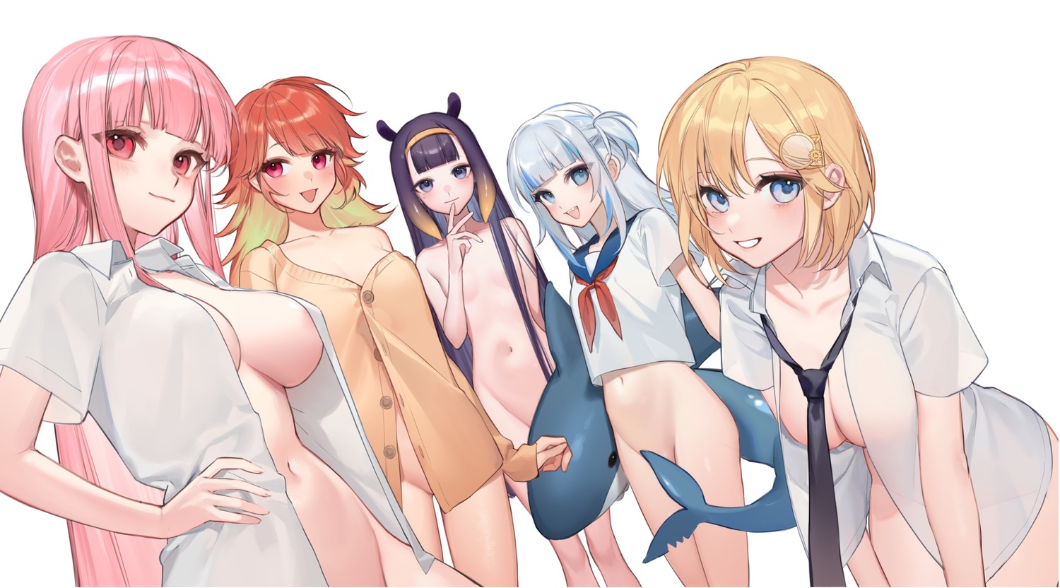 animal_ears areola bottomless dress_shirt gawr_gura hololive hololive_english mori_calliope naked ninomae_ina'nis no_bra open_shirt see_through seifuku smilesmile1312 sweater tail takanashi_kiara watson_amelia