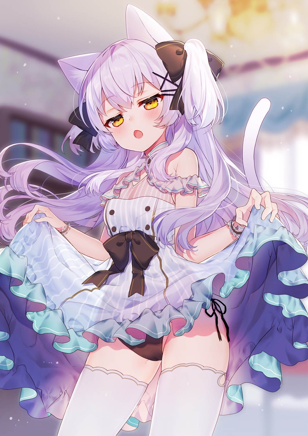 animal_ears dress kawachi_rin nekomimi pantsu skirt_lift string_panties tail thighhighs