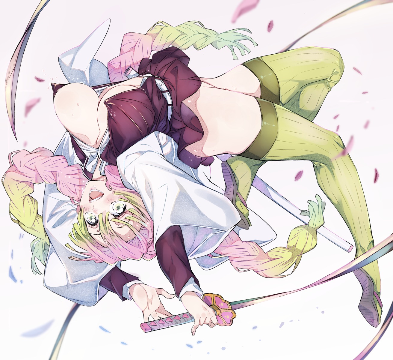 erect_nipples japanese_clothes kanroji_mitsuri kimetsu_no_yaiba niko_(tama) no_bra nopan open_shirt see_through skirt_lift sword thighhighs uniform wet