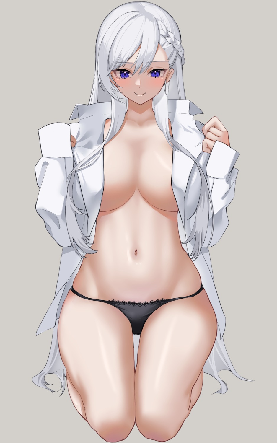 azur_lane belfast_(azur_lane) dress_shirt marumai no_bra open_shirt pantsu undressing