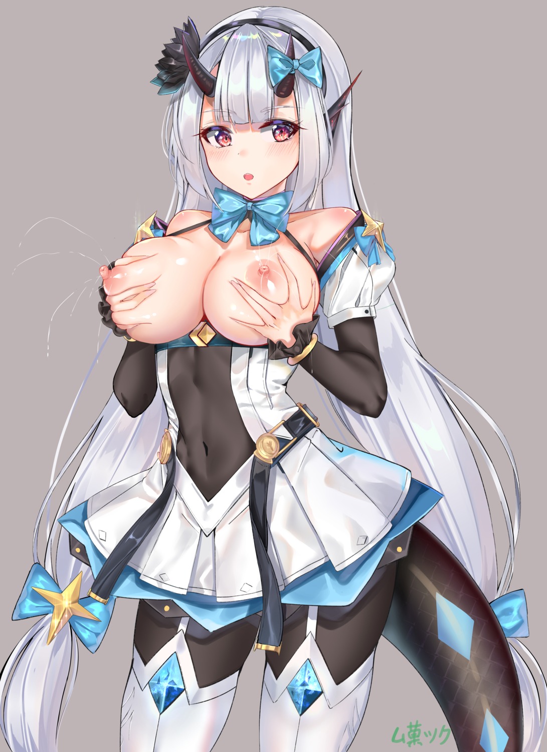 breast_grab breasts epic7 horns lactation muka_tsuku nipples no_bra pantyhose pointy_ears stockings tail thighhighs yufine_(epic7)