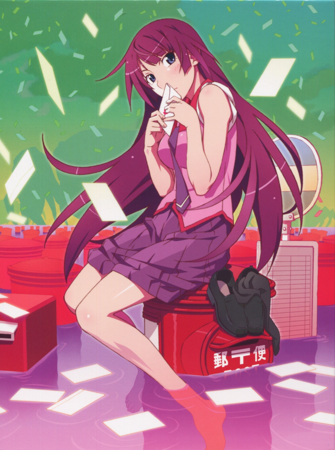 bakemonogatari disc_cover monogatari_(series) nisemonogatari scanning_artifacts seifuku senjougahara_hitagi watanabe_akio wet