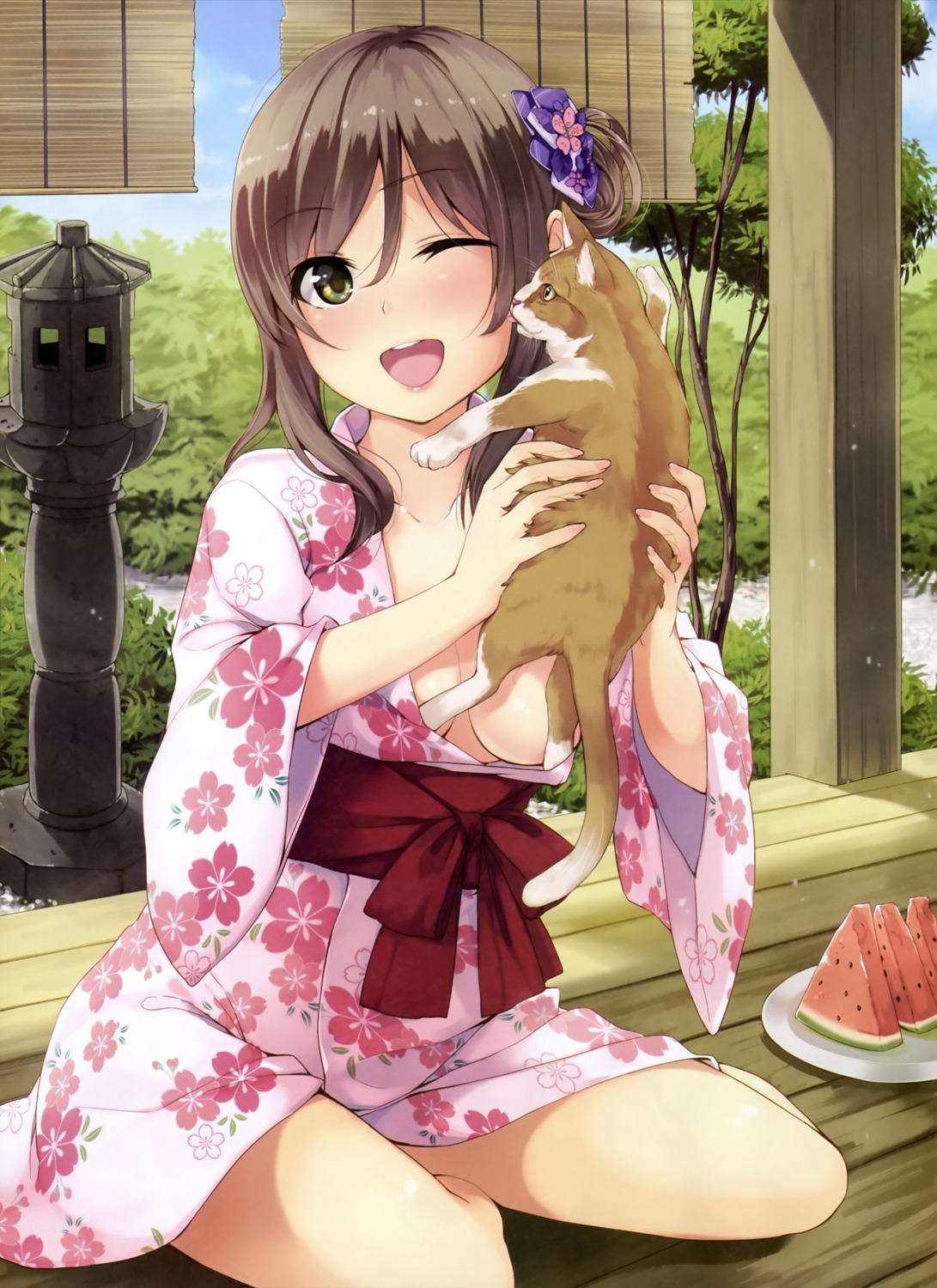 breasts kimono neko no_bra open_shirt unasaka yukata