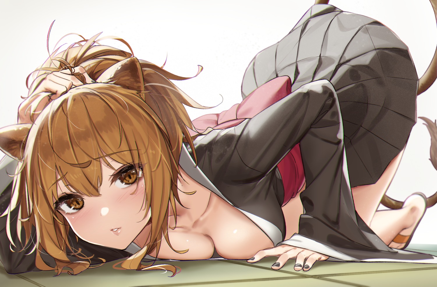 animal_ears arknights no_bra open_shirt seifuku siege_(arknights) skirt_lift tail wet_elephant