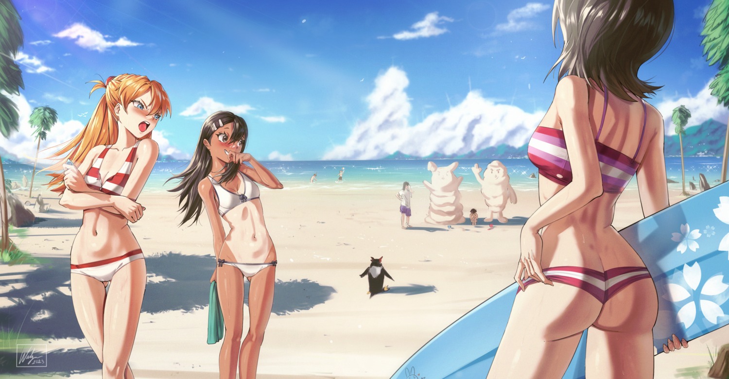 ass bikini bleach cleavage crossover ijiranaide_nagatoro-san kuchiki_rukia nagatoro_hayase neon_genesis_evangelion penguin souryuu_asuka_langley swimsuits tan_lines thong waligner