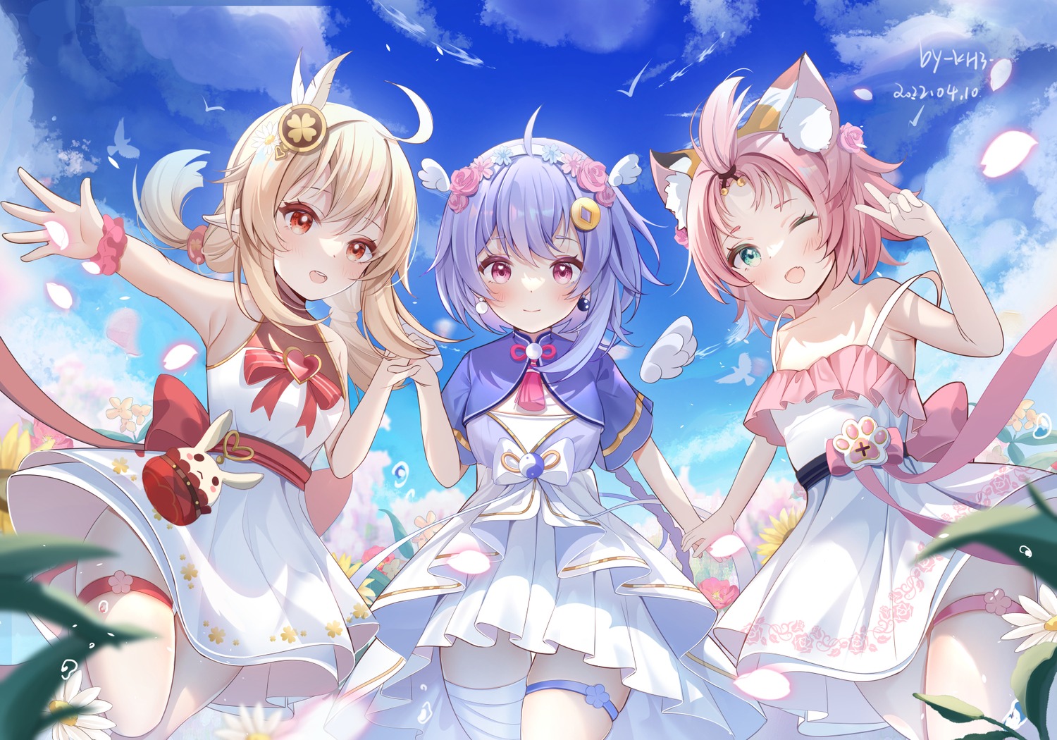 animal_ears bandages diona dress garter genshin_impact klee miaogujun nekomimi qiqi summer_dress