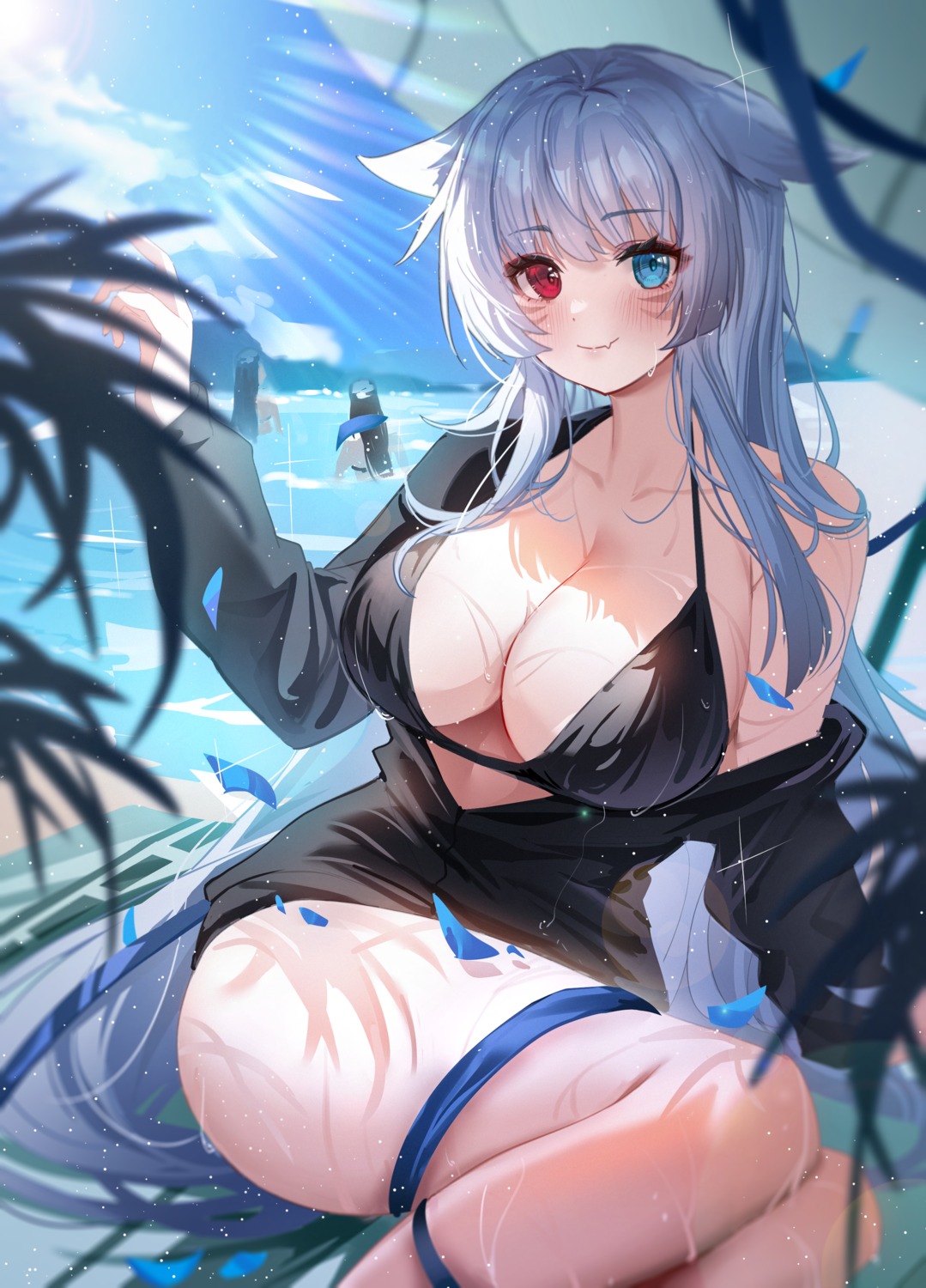 animal_ears bikini_top heterochromia open_shirt swimsuits tansuan_(ensj3875) wet