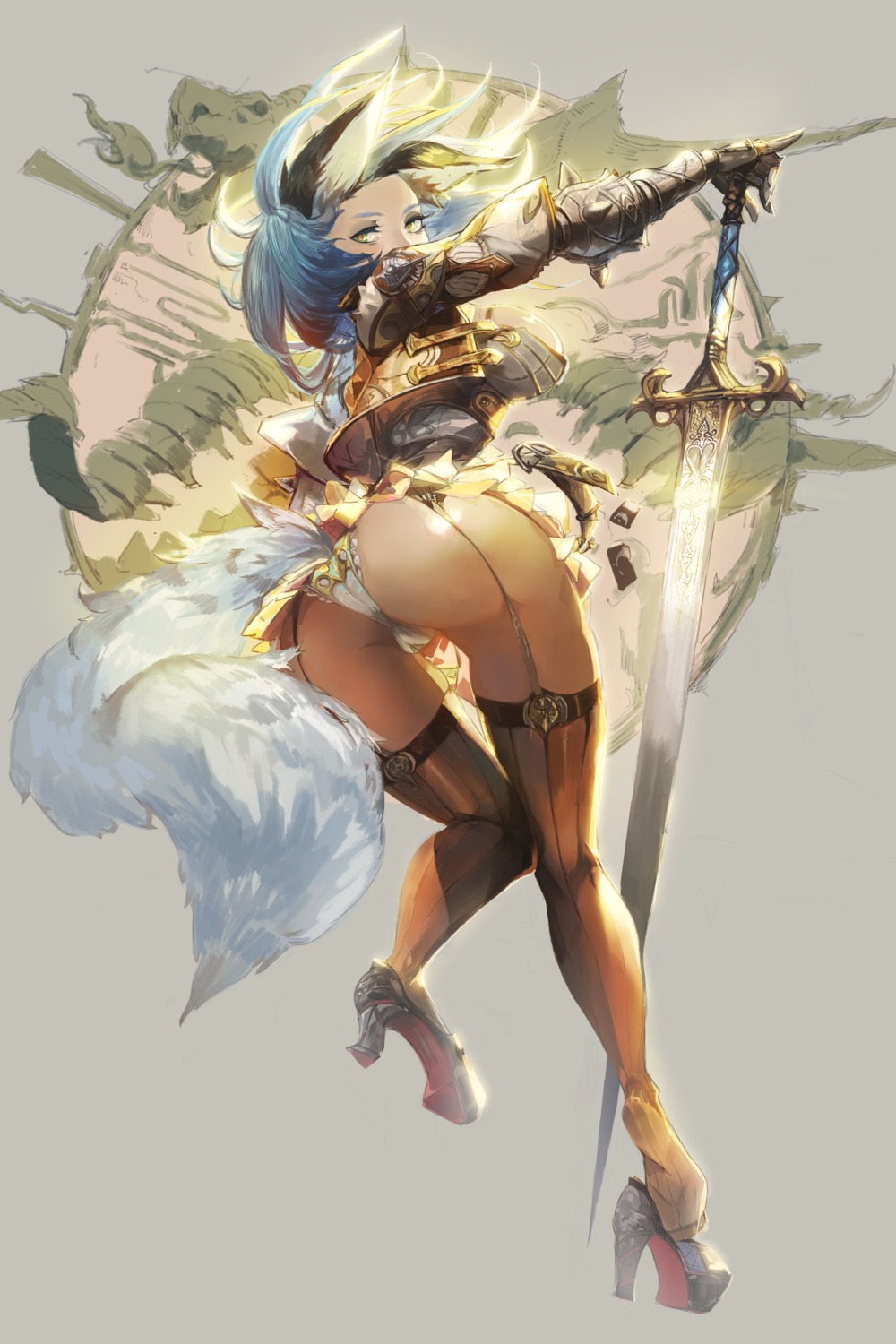 animal_ears armor ass bamuth heels kitsune pantsu stockings sword tail thighhighs