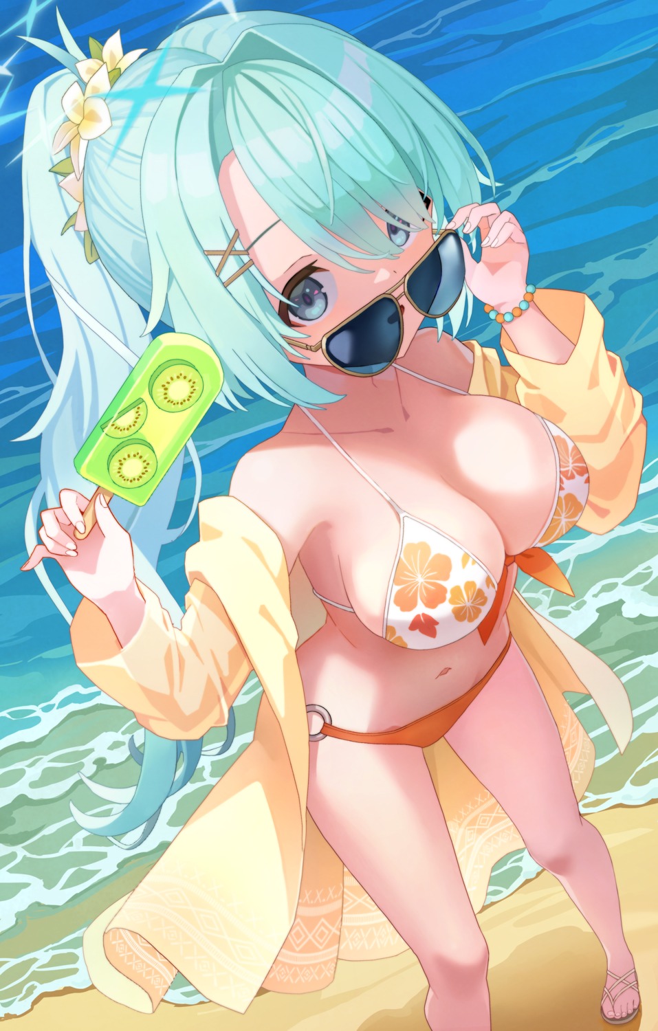 bikini blue_archive halo megane nomio open_shirt see_through swimsuits tsuchinaga_hiyori