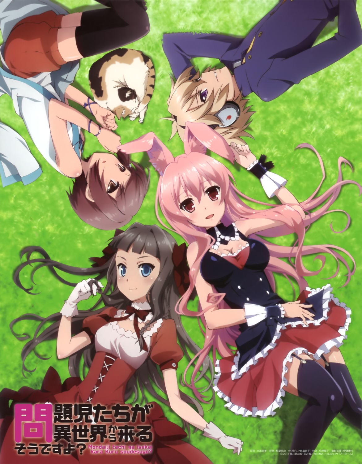 animal_ears bunny_ears cleavage dress headphones ide_naomi kasukabe_you kudou_asuka kurousagi_(mondaiji_tachi_ga_isekai_kara_kuru_sou_desu_yo?) lolita_fashion mikeneko mondaiji_tachi_ga_isekai_kara_kuru_sou_desu_yo? neko sakamaki_izayoi seifuku stockings thighhighs