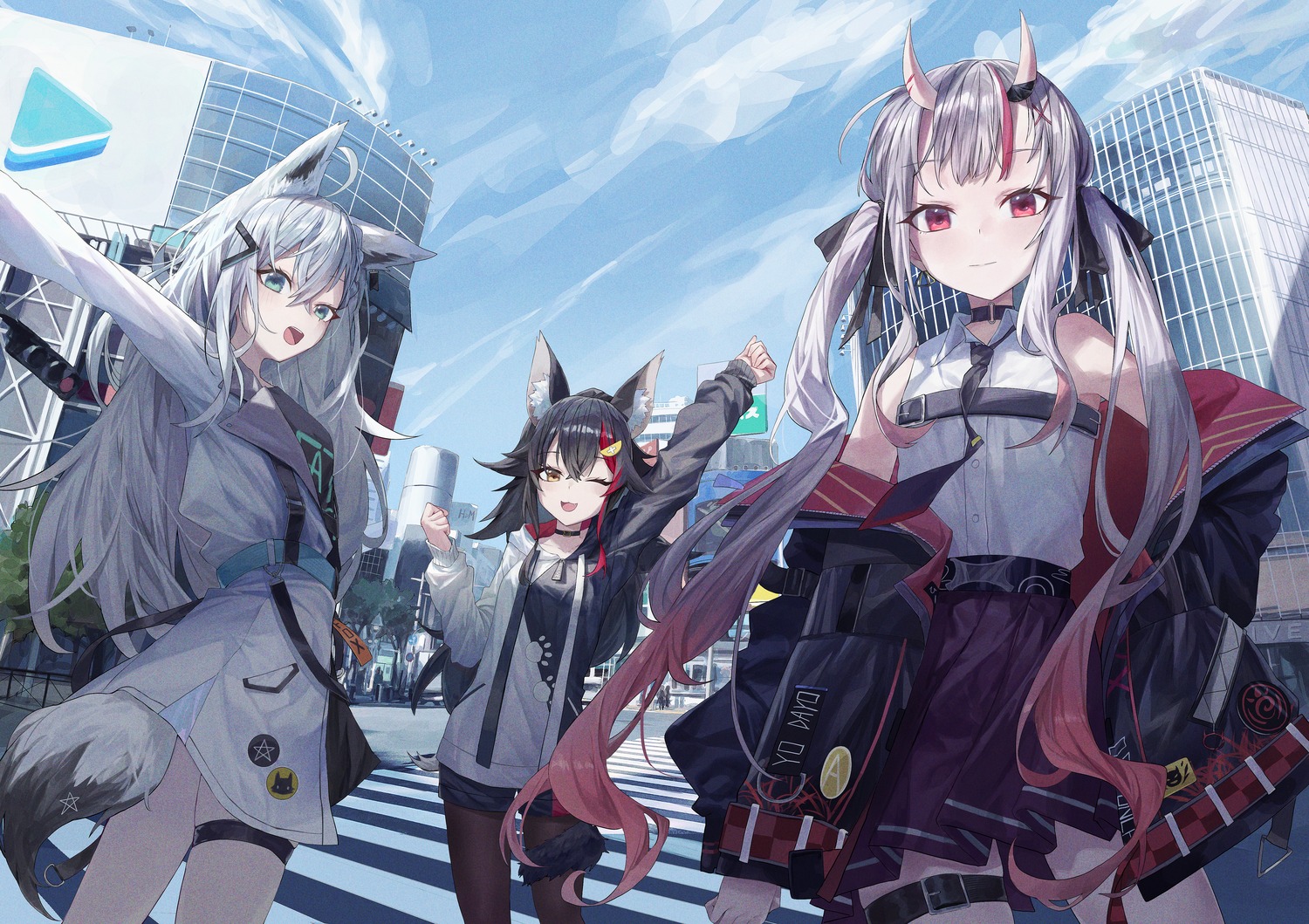 animal_ears fudepenbrushpen garter hololive hololive_gamers horns kitsune nakiri_ayame ookami_mio pantyhose shirakami_fubuki sword tail