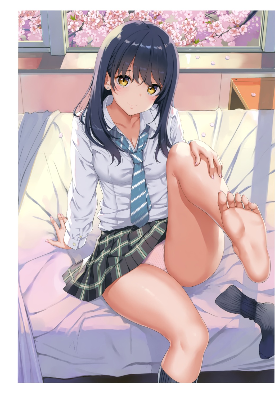 cleavage feet open_shirt pantsu seifuku skirt_lift takayaki