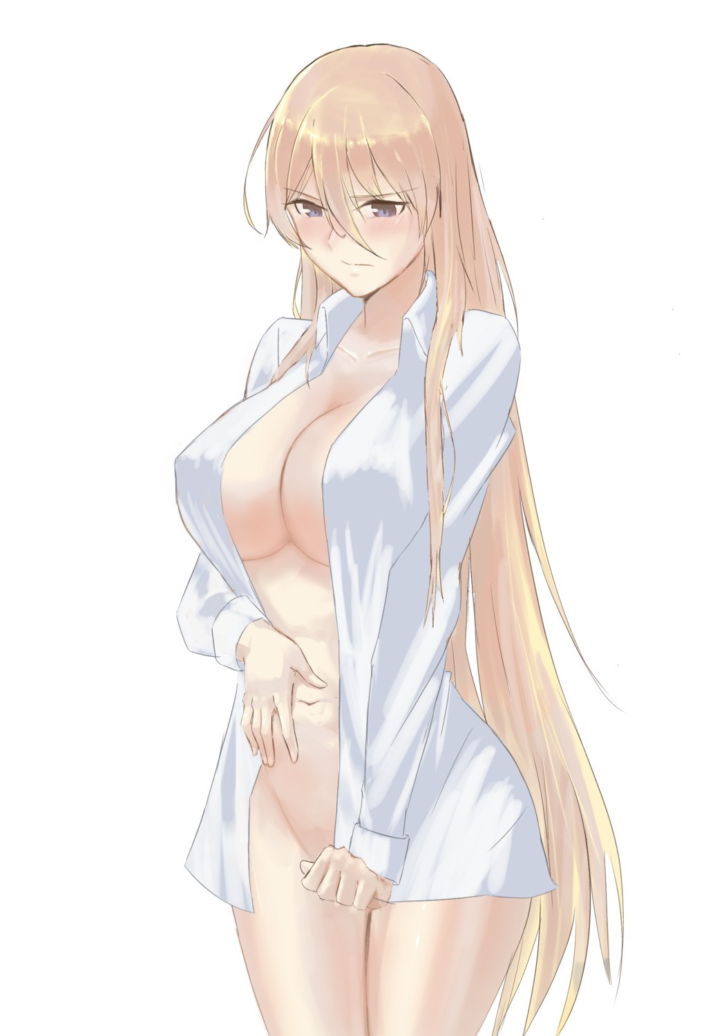 azur_lane bismarck_(azur_lane) bottomless dress_shirt lom_(lom_lom_8) no_bra open_shirt