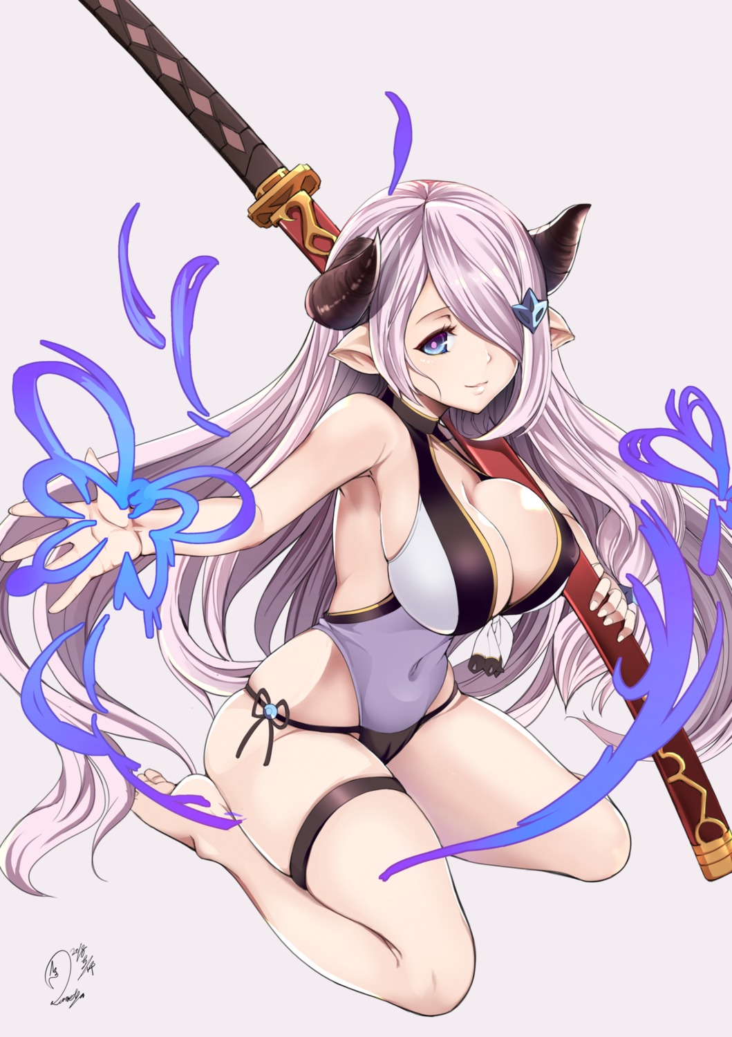 baicha cleavage garter granblue_fantasy horns narumeia_(granblue_fantasy) pointy_ears swimsuits sword