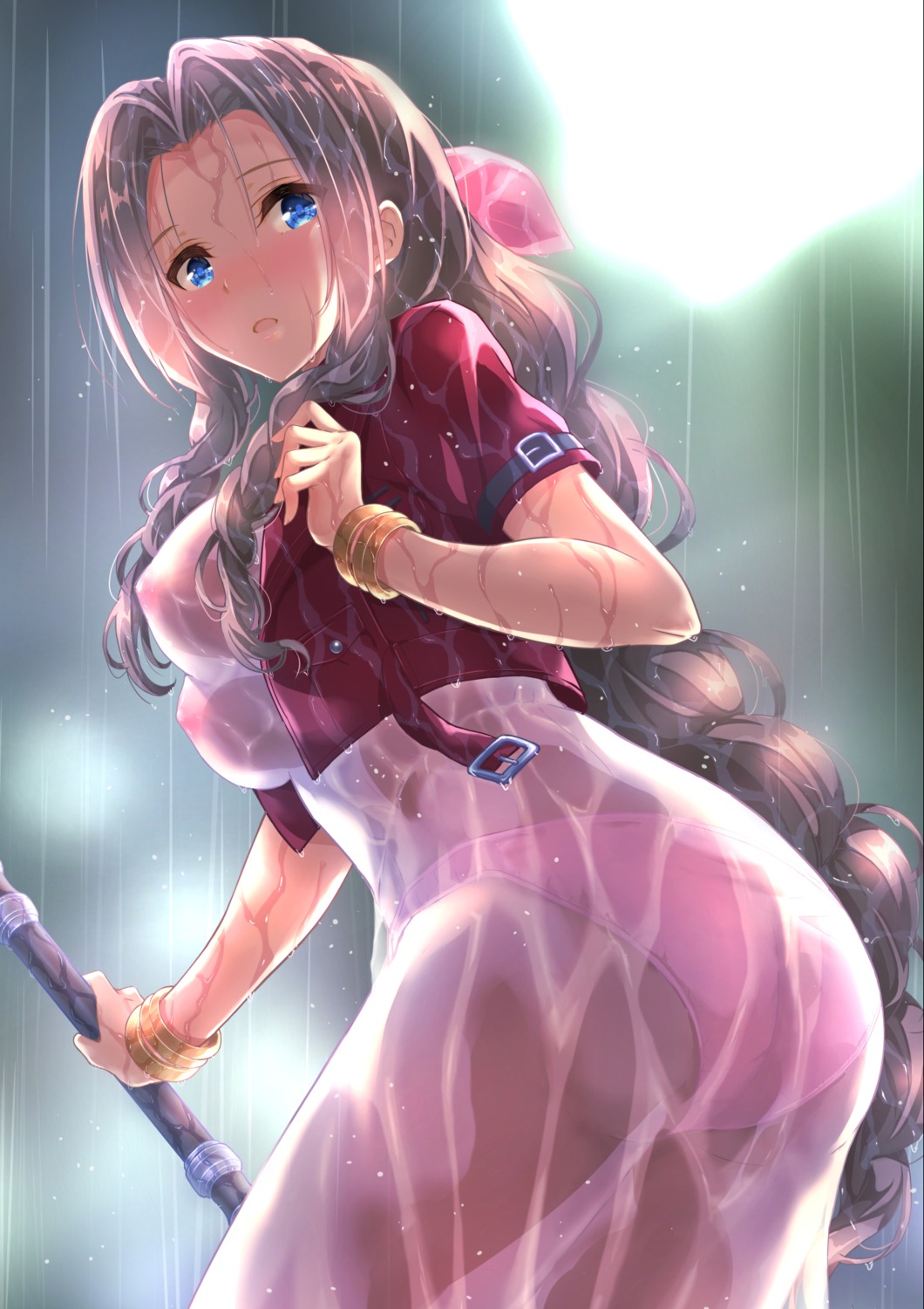 aerith_gainsborough ass dress final_fantasy final_fantasy_vii nipples no_bra pantsu see_through toenketsu wet wet_clothes