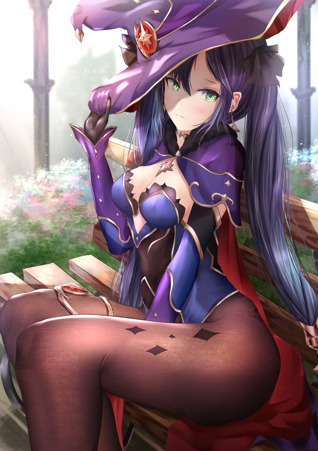 cleavage garter genshin_impact kayjae leotard mona_megistus no_bra pantyhose see_through witch