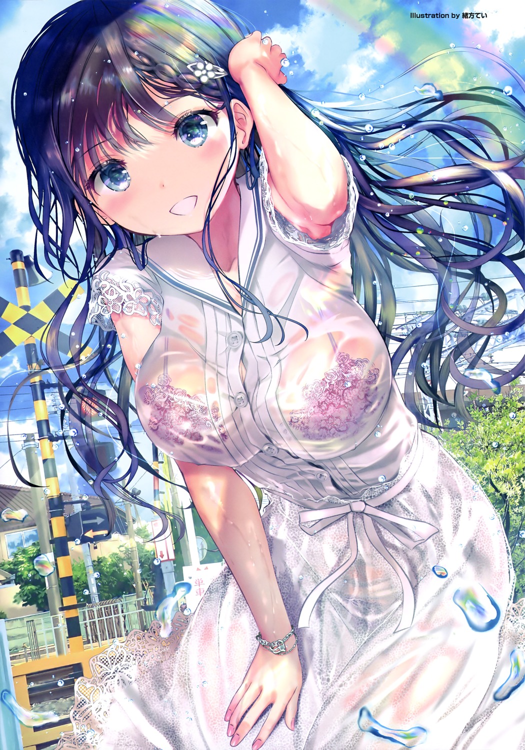 bra dress ogata_tei pantsu see_through wet_clothes