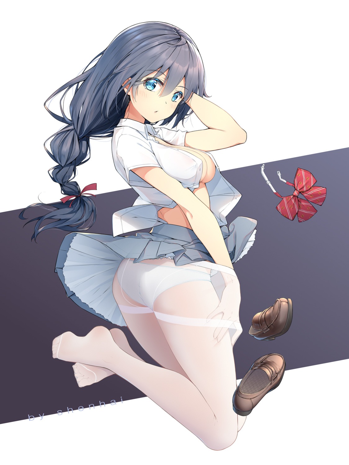 ass no_bra open_shirt pantsu pantyhose see_through seifuku shenhai_(2556146833) skirt_lift