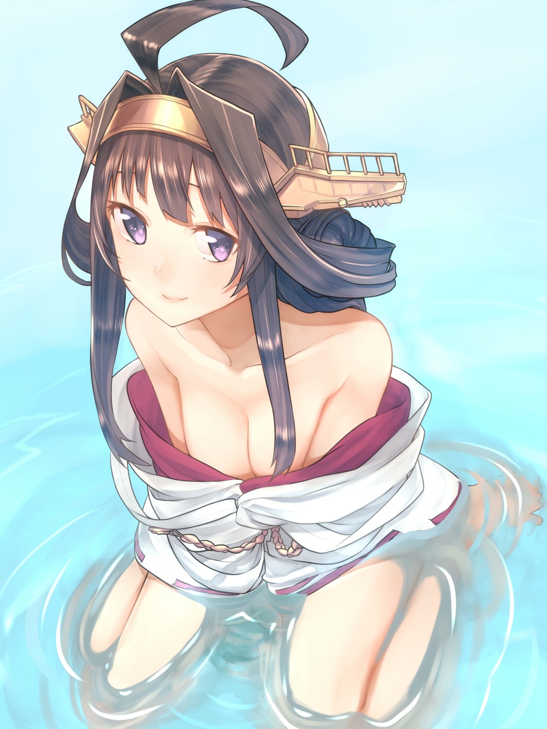 baffu cleavage kantai_collection kongou_(kancolle) no_bra open_shirt wet