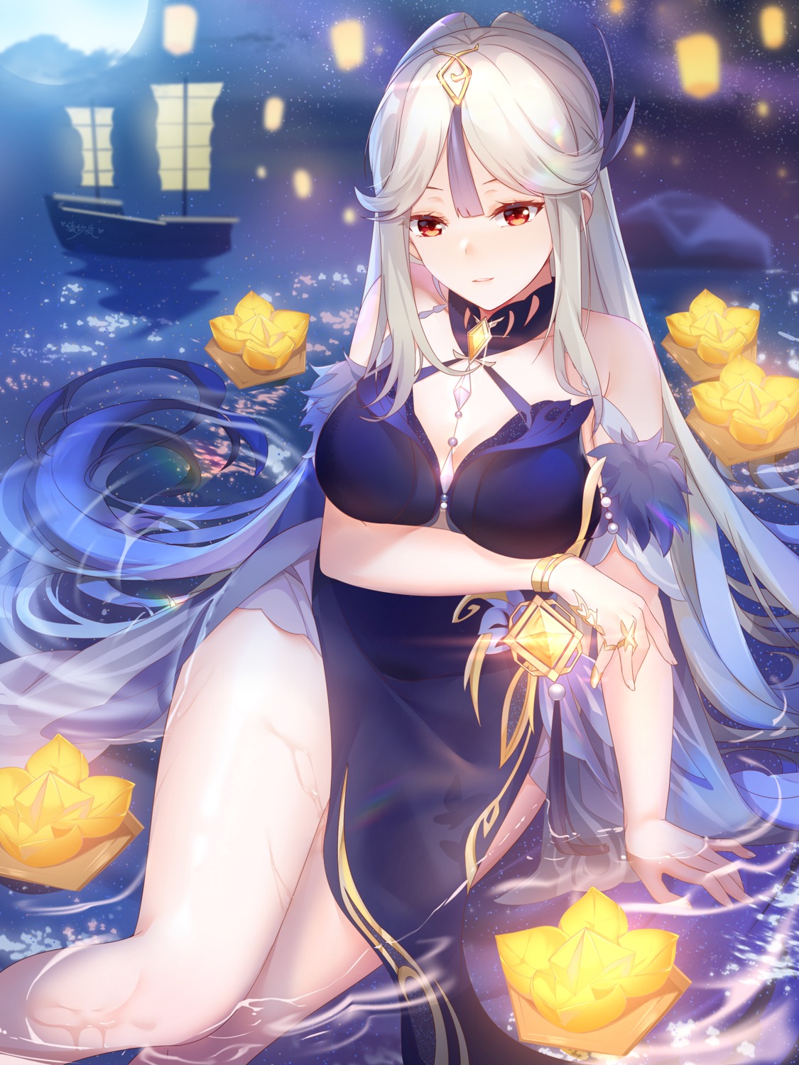 artist_revision asian_clothes cleavage genshin_impact lingshalan ningguang wet