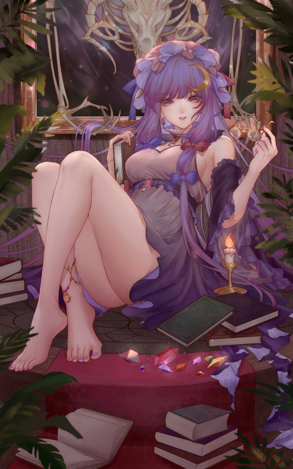 feet gyokudama_(niku) no_bra patchouli_knowledge skirt_lift touhou