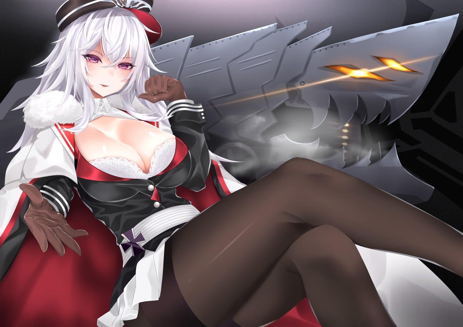 azur_lane bra cleavage graf_zeppelin_(azur_lane) open_shirt pantyhose surota uniform