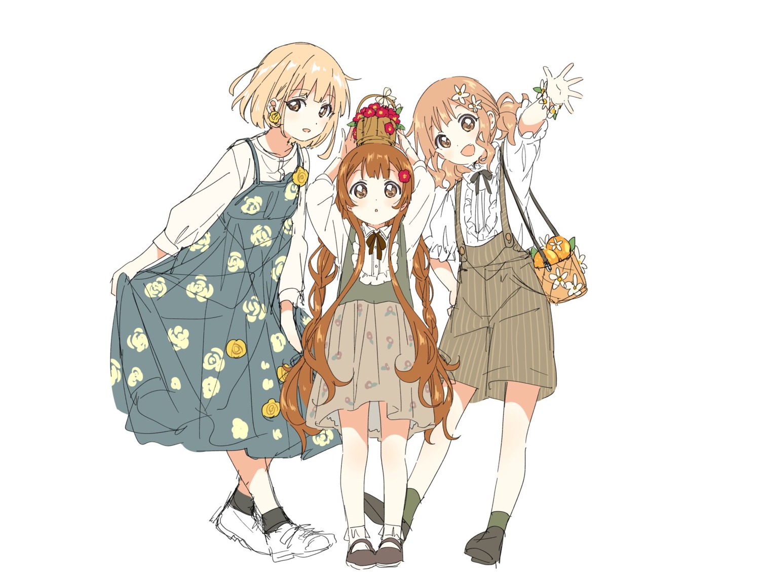 dress namori oomuro_hanako oomuro_nadeshiko oomuro_sakurako overalls sketch yuru_yuri