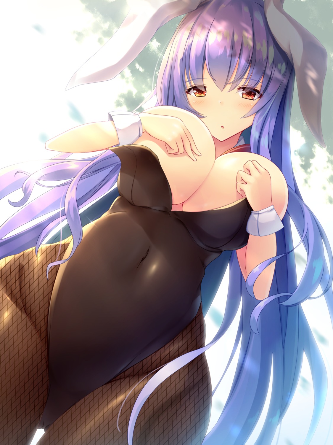 animal_ears breast_hold breasts bunny_ears bunny_girl fishnets liya no_bra pantyhose reisen_udongein_inaba touhou