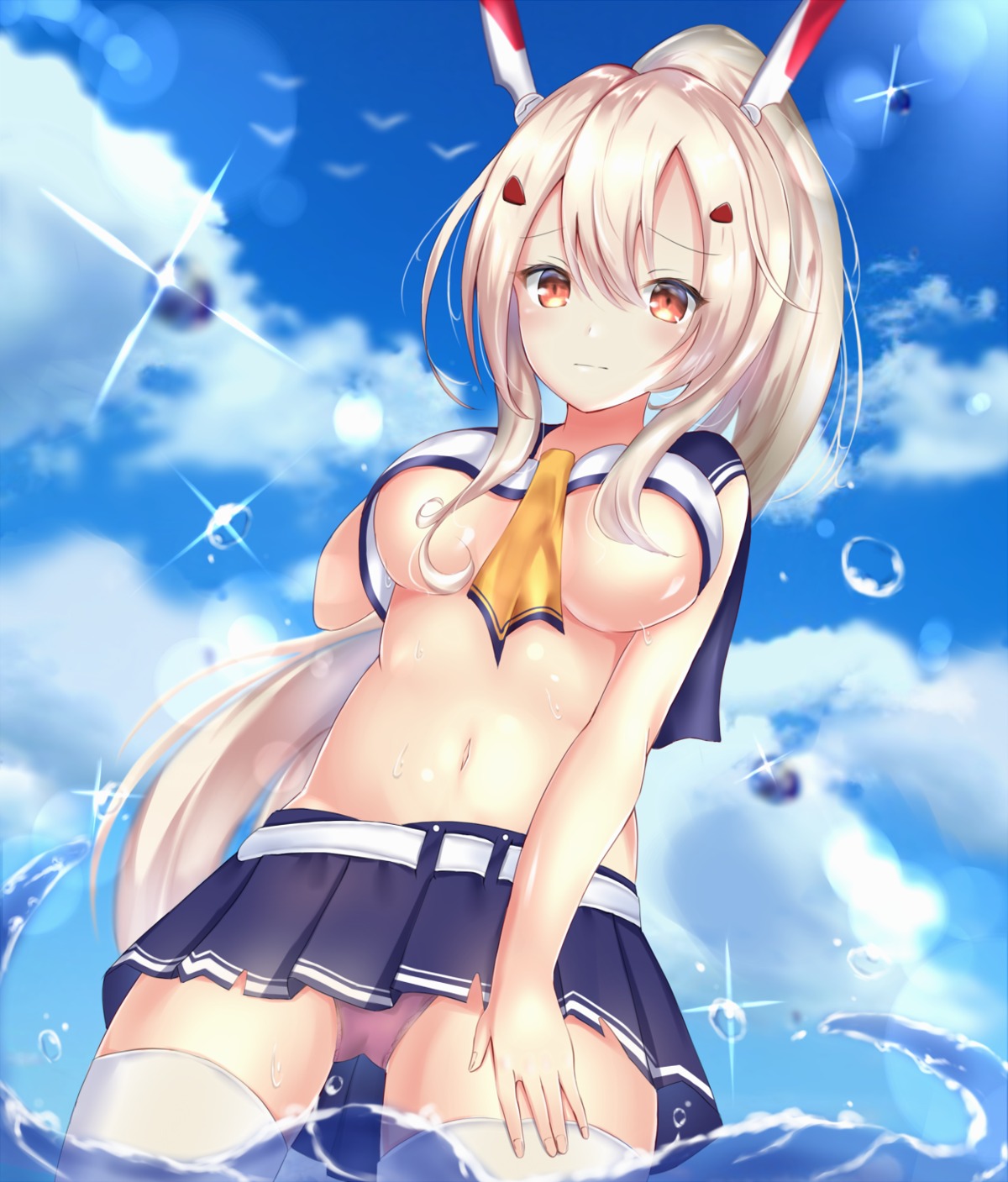 ayanami_(azur_lane) azur_lane no_bra pantsu seifuku thighhighs underboob wet zensai