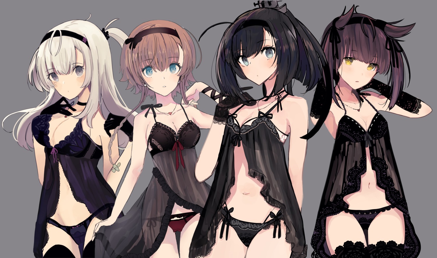 akizuki_(kancolle) cleavage edel_(edelcat) hatsuzuki_(kancolle) kantai_collection lingerie pantsu see_through string_panties suzutsuki_(kancolle) teruzuki_(kancolle) thighhighs