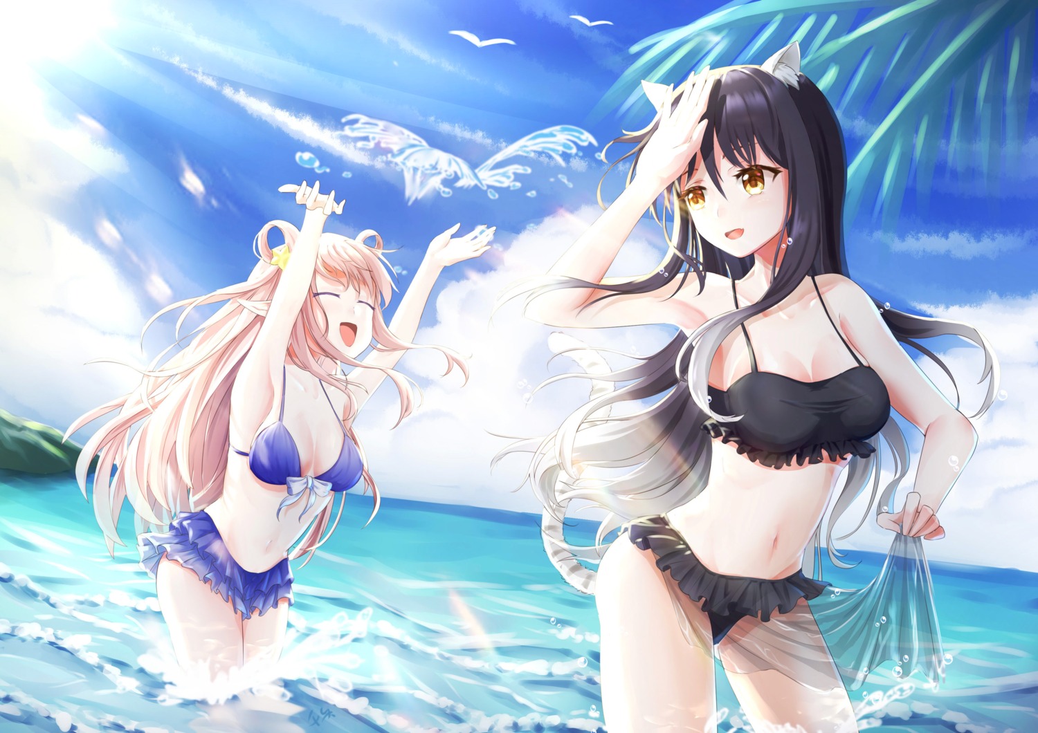 animal_ears bikini kashiwazaki_hatsune kashiwazaki_shiori pointy_ears princess_connect! princess_connect!_re:dive qianze_chia see_through skirt_lift swimsuits tail wet