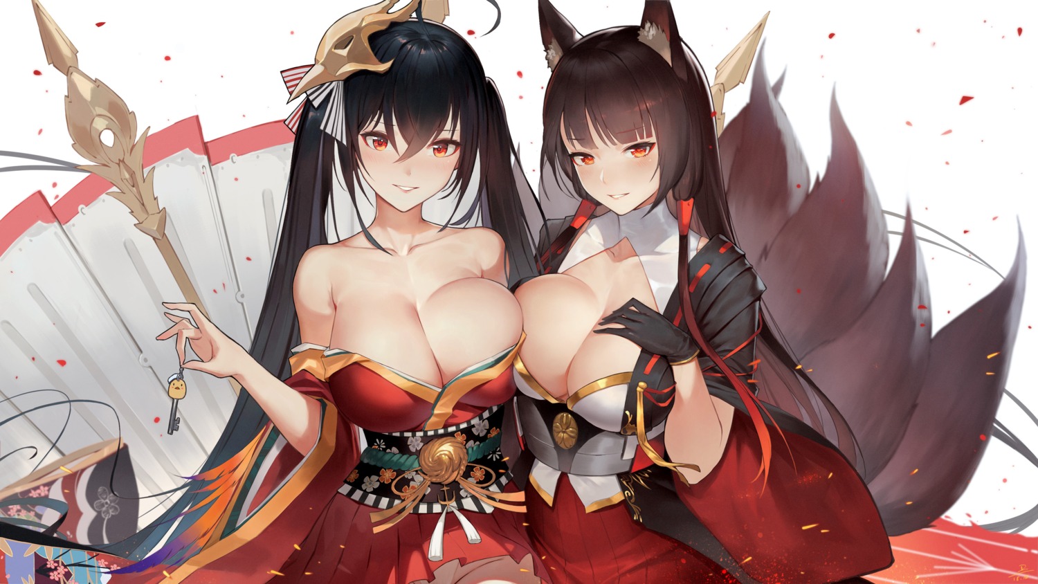 akagi_(azur_lane) animal_ears azur_lane breast_hold cleavage duan_henglong japanese_clothes kitsune no_bra open_shirt symmetrical_docking taihou_(azur_lane) tail wallpaper