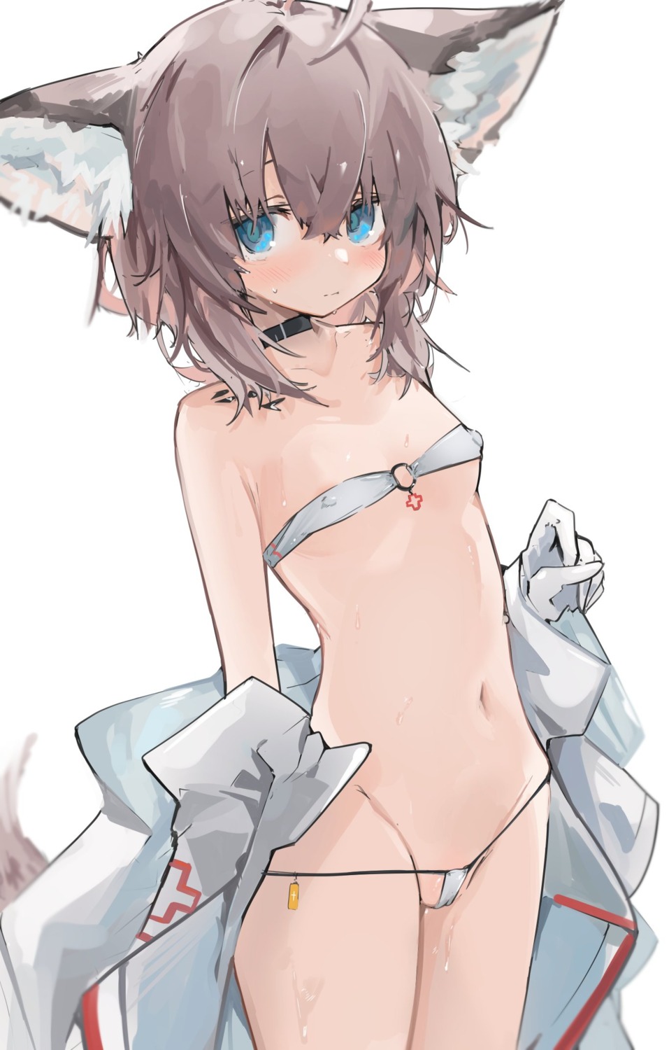 animal_ears arknights bikini cameltoe erect_nipples loli mikojin open_shirt sussurro_(arknights) swimsuits tail thong