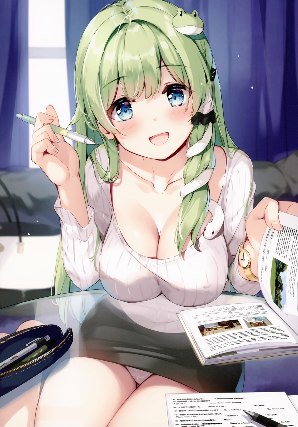 detexted erect_nipples kochiya_sanae miyase_mahiro no_bra pantsu skirt_lift sweater touhou