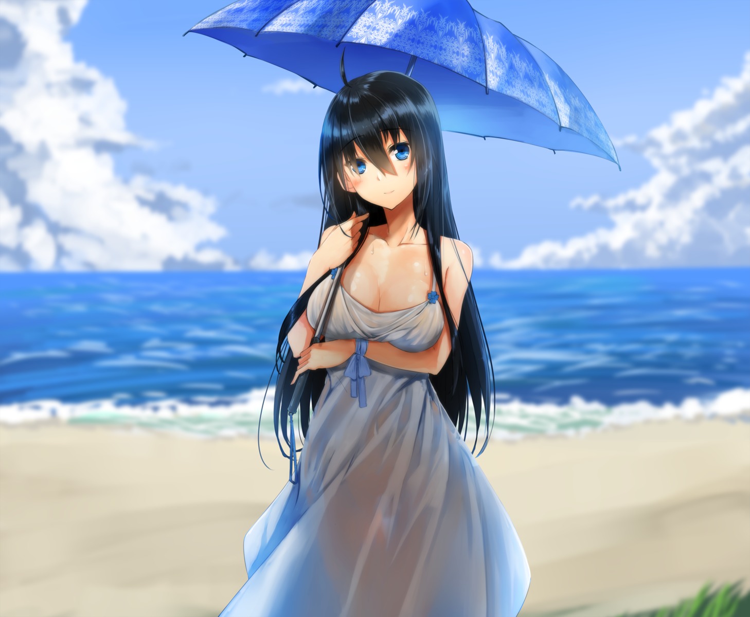 breast_hold cleavage dress see_through summer_dress ukeuke umbrella