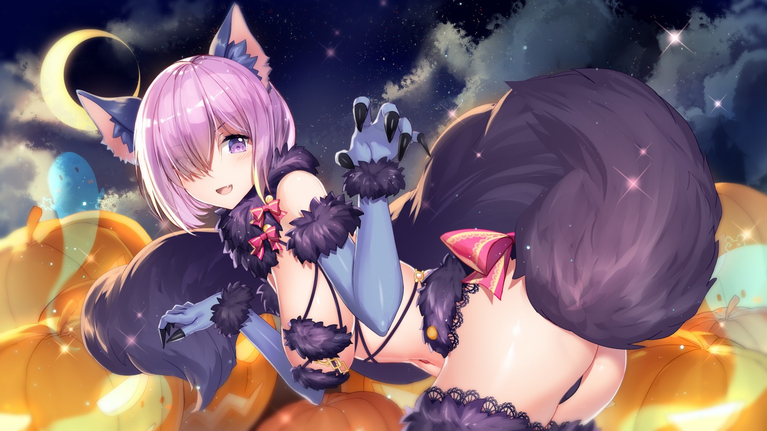animal_ears ass bison_cangshu cosplay fate/grand_order halloween mash_kyrielight tail thighhighs thong wallpaper