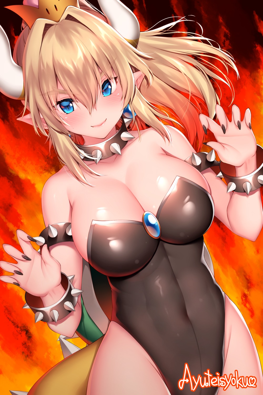 ayuteishoku bowsette cleavage horns leotard mario_bros. new_super_mario_bros._u_deluxe pointy_ears tail