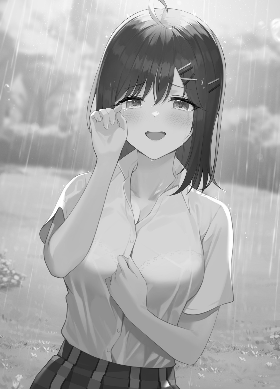 ale_nqki bra monochrome see_through seifuku wet_clothes