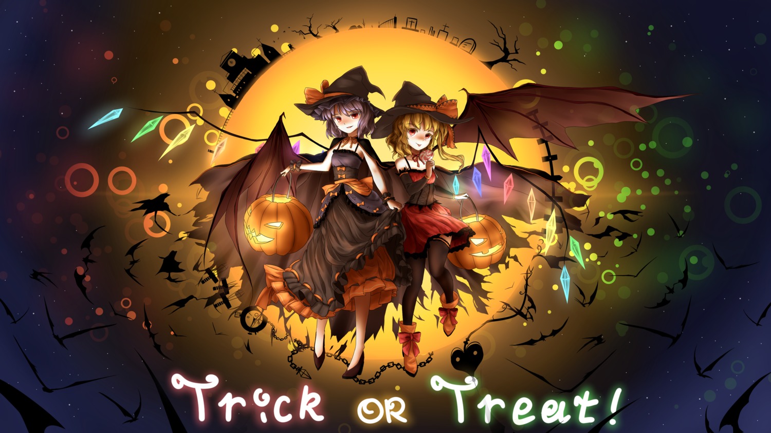 dress flandre_scarlet halloween heels minust remilia_scarlet thighhighs touhou wings witch