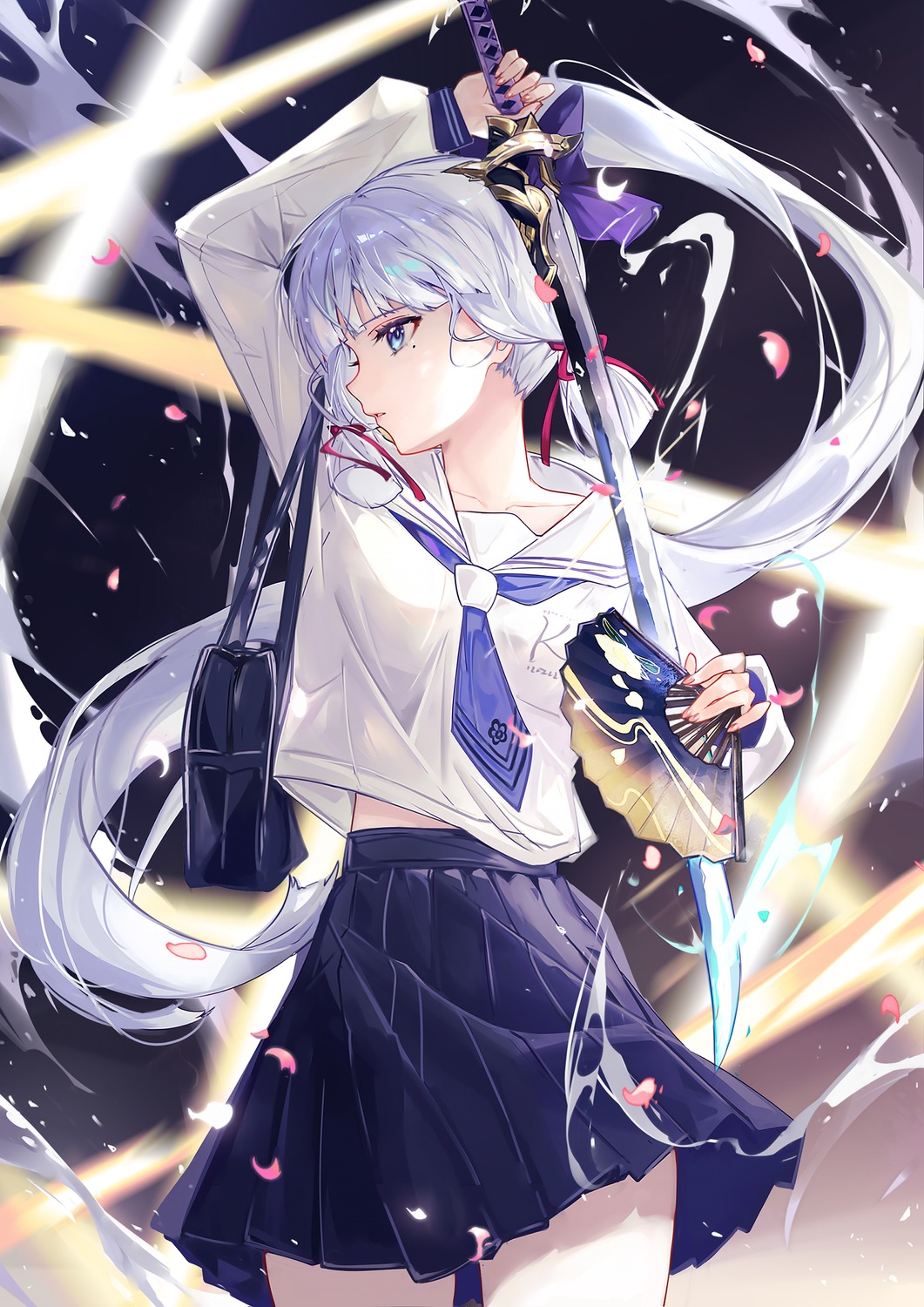 genshin_impact kamisato_ayaka seifuku skirt_lift sword vardan