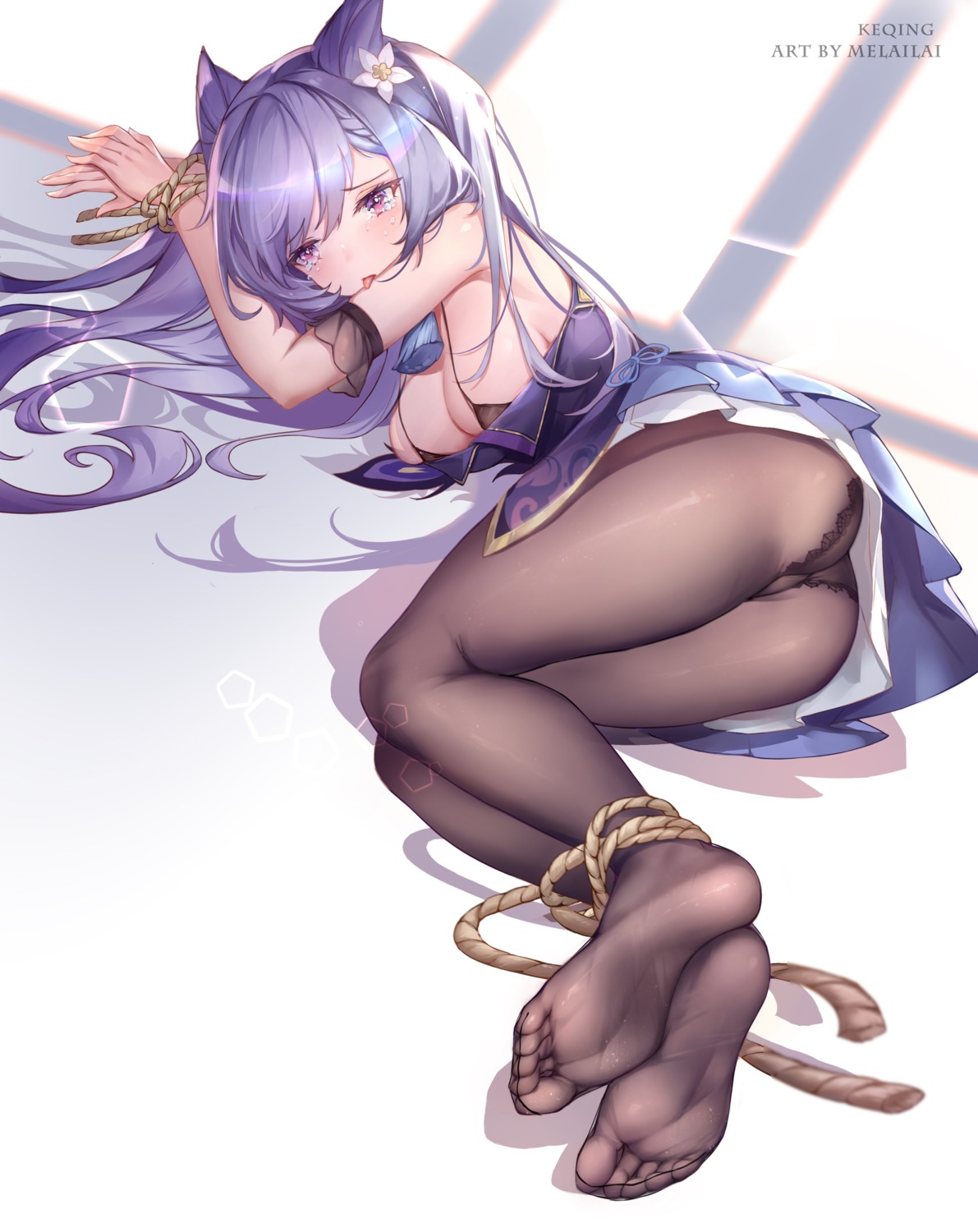 artist_revision asian_clothes bondage bra feet genshin_impact keqing melailai open_shirt pantsu pantyhose skirt_lift