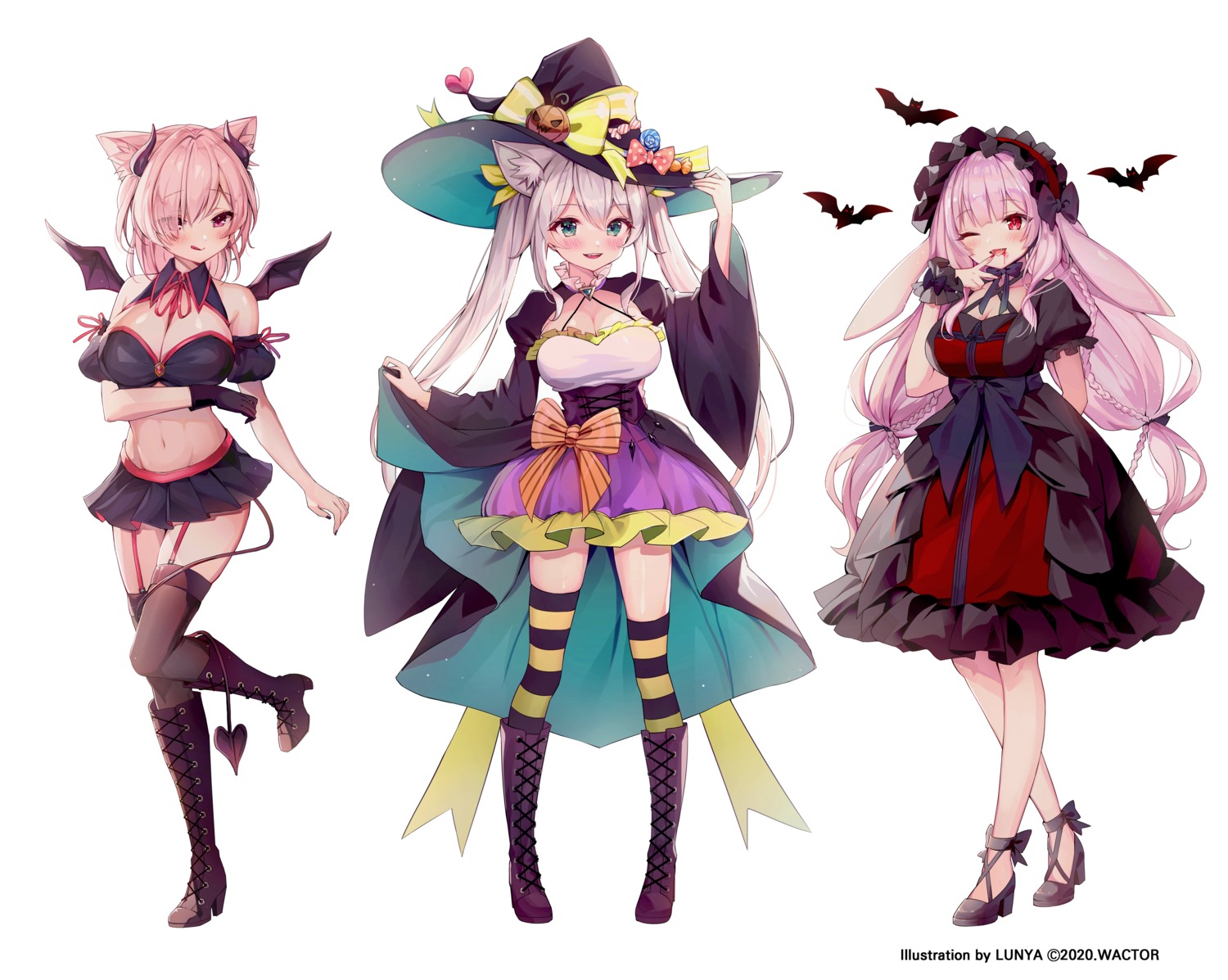 animal_ears blood bunny_ears cleavage heels horns lolita_fashion luna_nyann stockings tail thighhighs wings