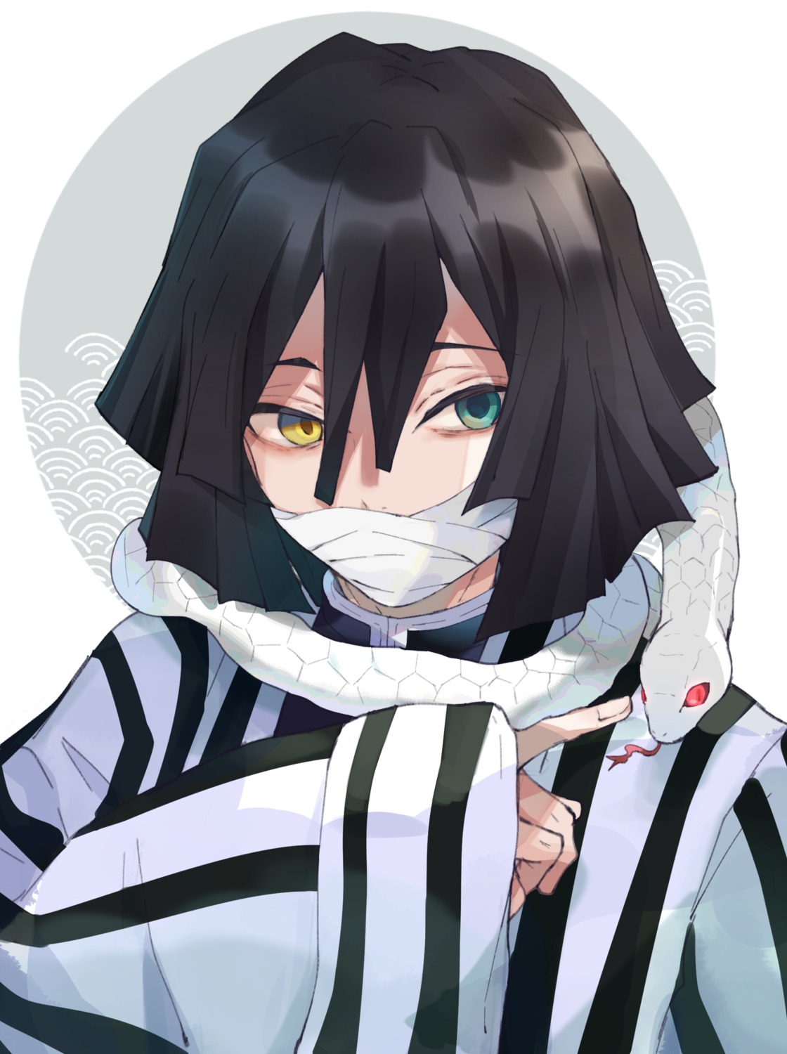 bandages heterochromia iguro_obanai kaburamaru kayanogura kimetsu_no_yaiba male